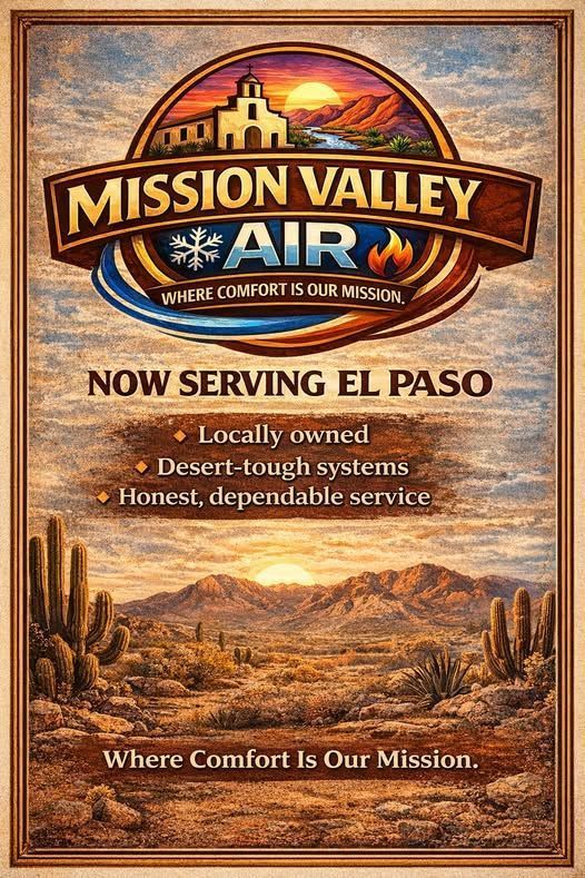 Mission Valley Air promotional poster for El Paso services, featuring a desert landscape and a mission-style building logo.