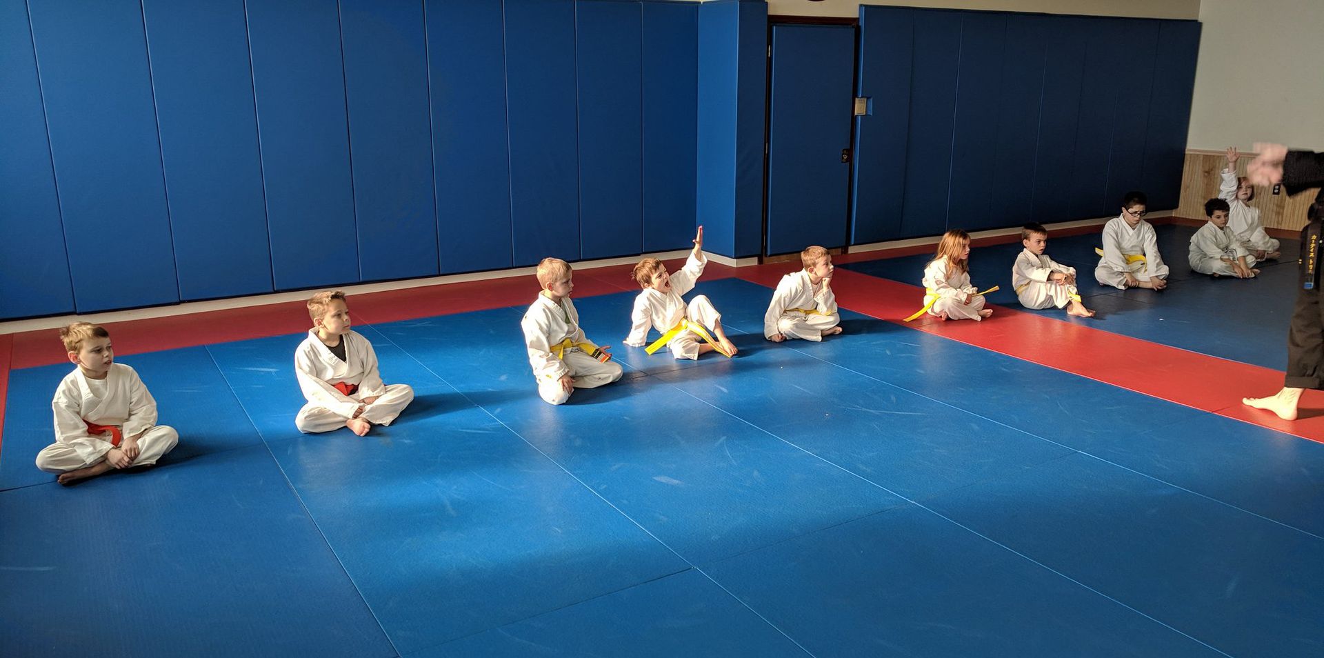 A group of children are sitting on the floor in a karate class.