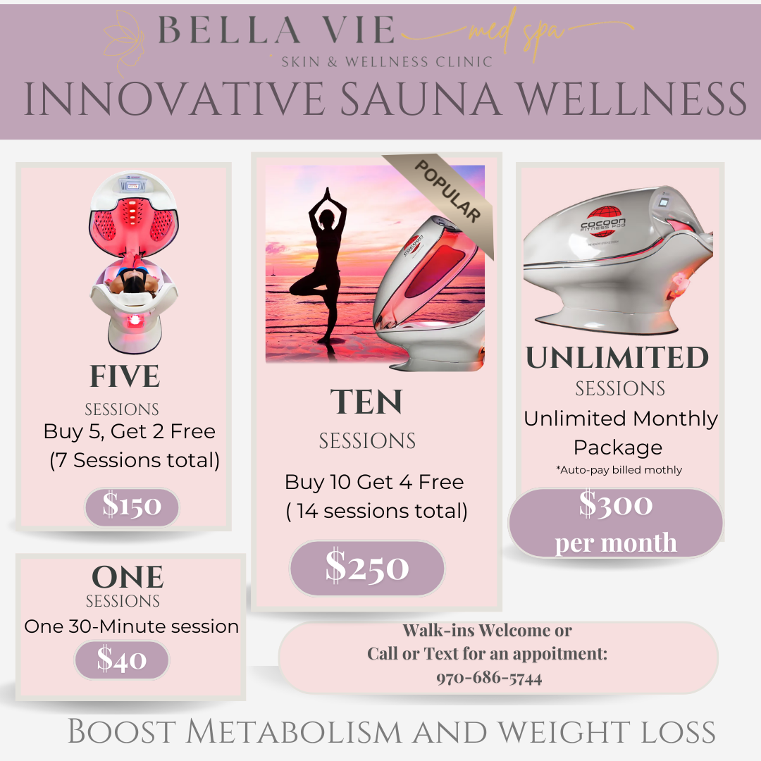 Bella VI innovative sauna wellness flyer with pink pricing boxes for spa packages and memberships