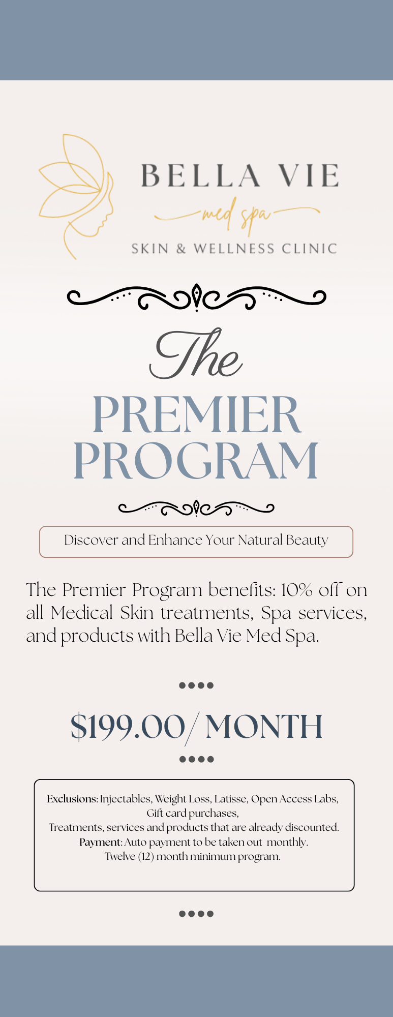 A poster for bella vie skin & wellness clinic advertising the premier program.