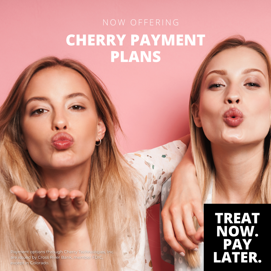 Two women blowing kisses in front of a pink background that says cherry payment plans