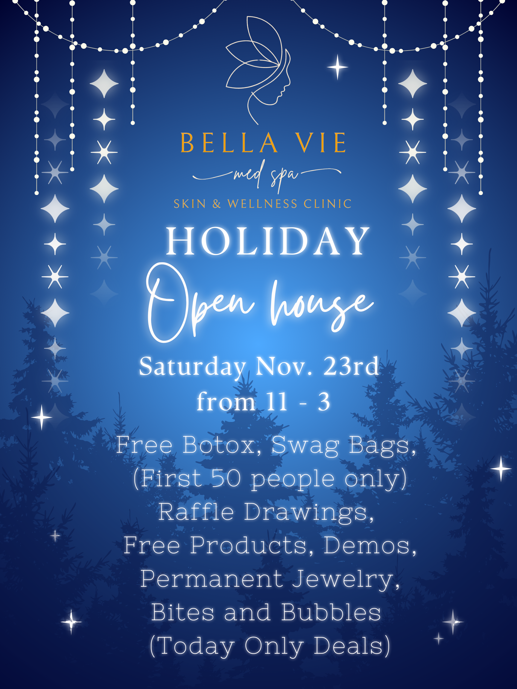 An advertisement for bella vie 's holiday open house