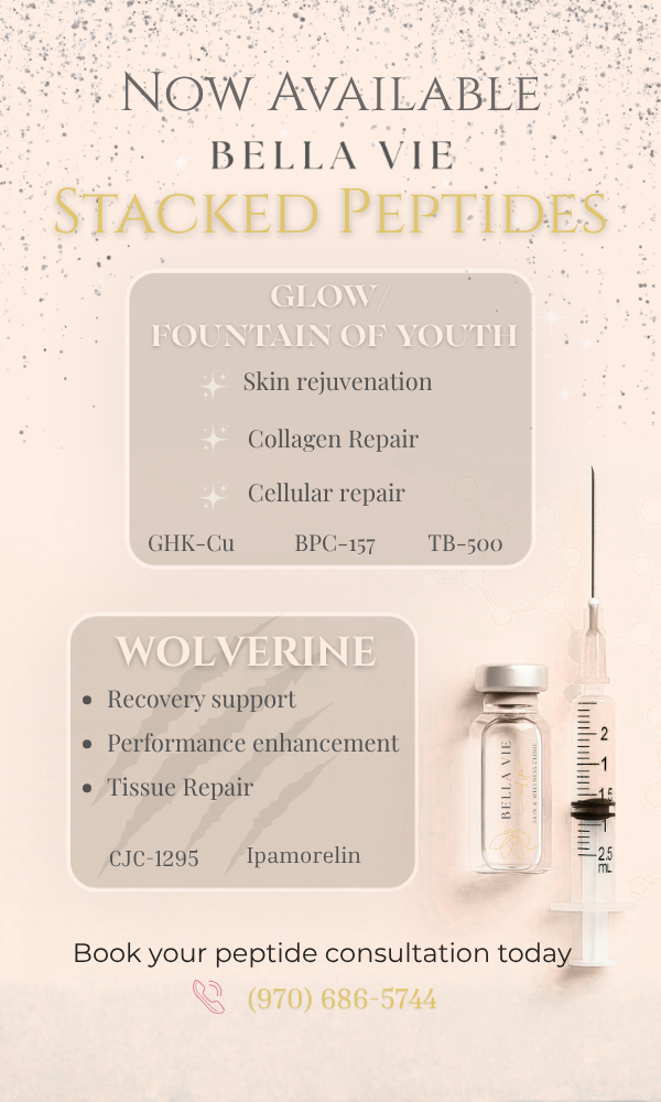 Promotional flyer for Bella Vie stacked peptides and Wolverine facial contouring treatments on a soft pink background