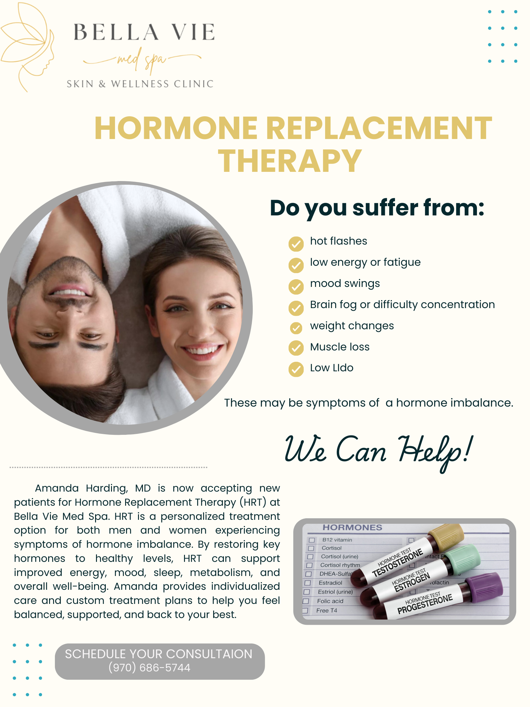 Hormone replacement therapy flyer with two smiling faces, symptom list, and clinic contact info.