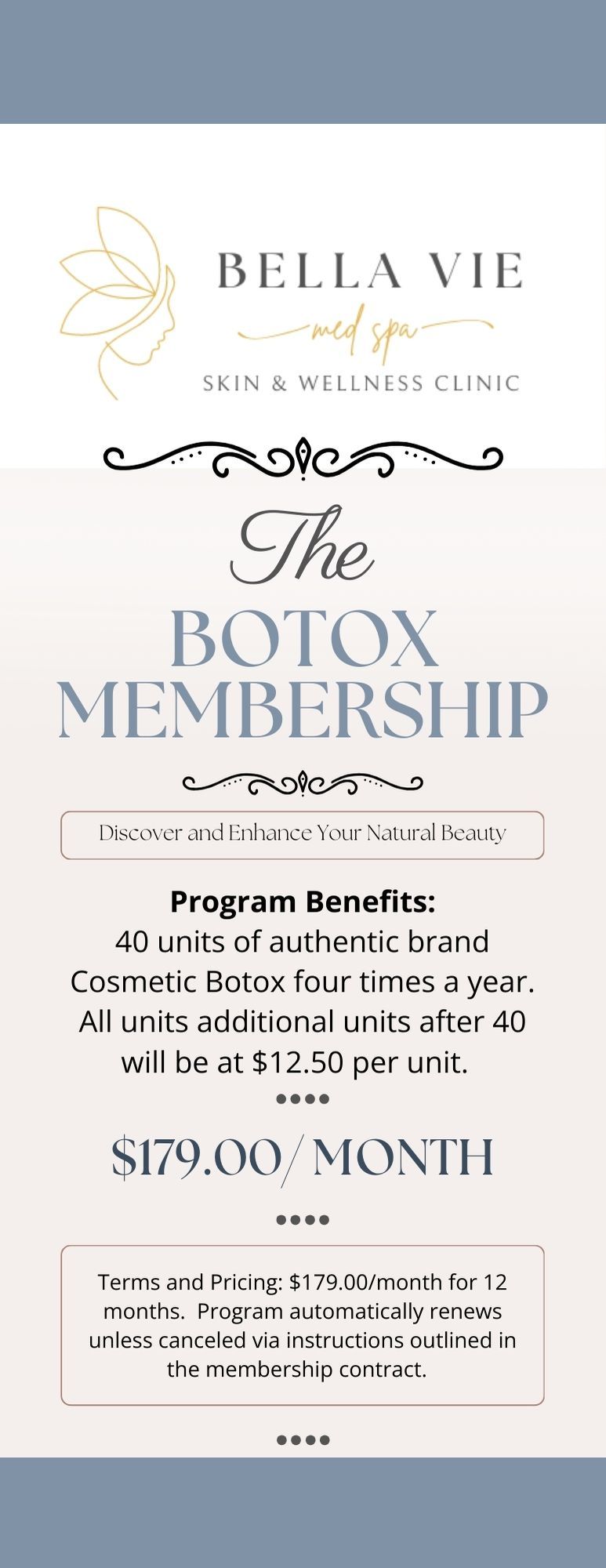 A poster for bella vie skin & wellness clinic advertising the botox membership program.