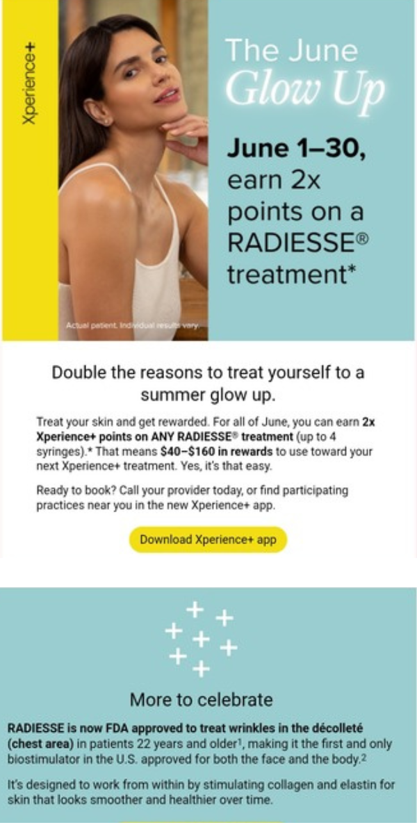 Woman beside yellow panel promoting June Glow Up RADIESSé treatment and summer glow offer