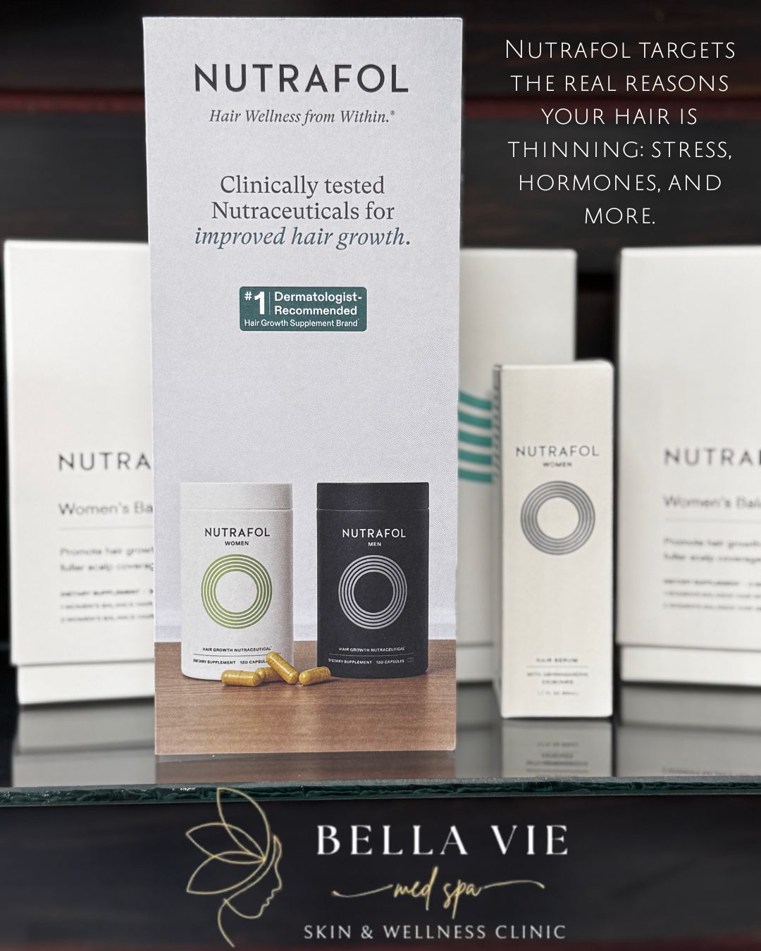 Nutrafol skincare and hair supplement products displayed on a Bella Vie Skin & Wellness counter