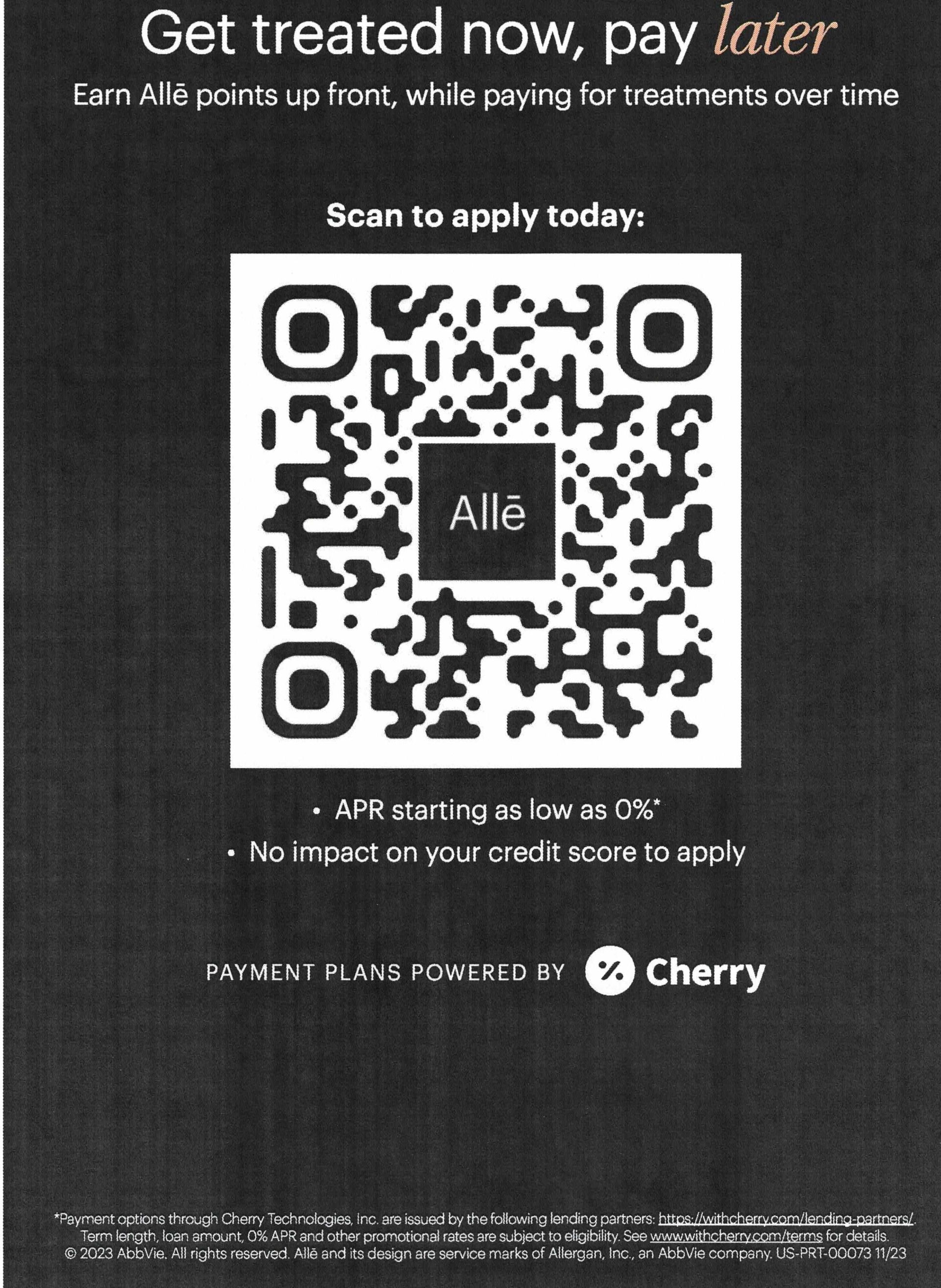 A black and white qr code that says get treated now pay later