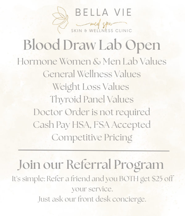 Bella Vie clinic flyer promoting blood draw lab services and a referral program in beige tones