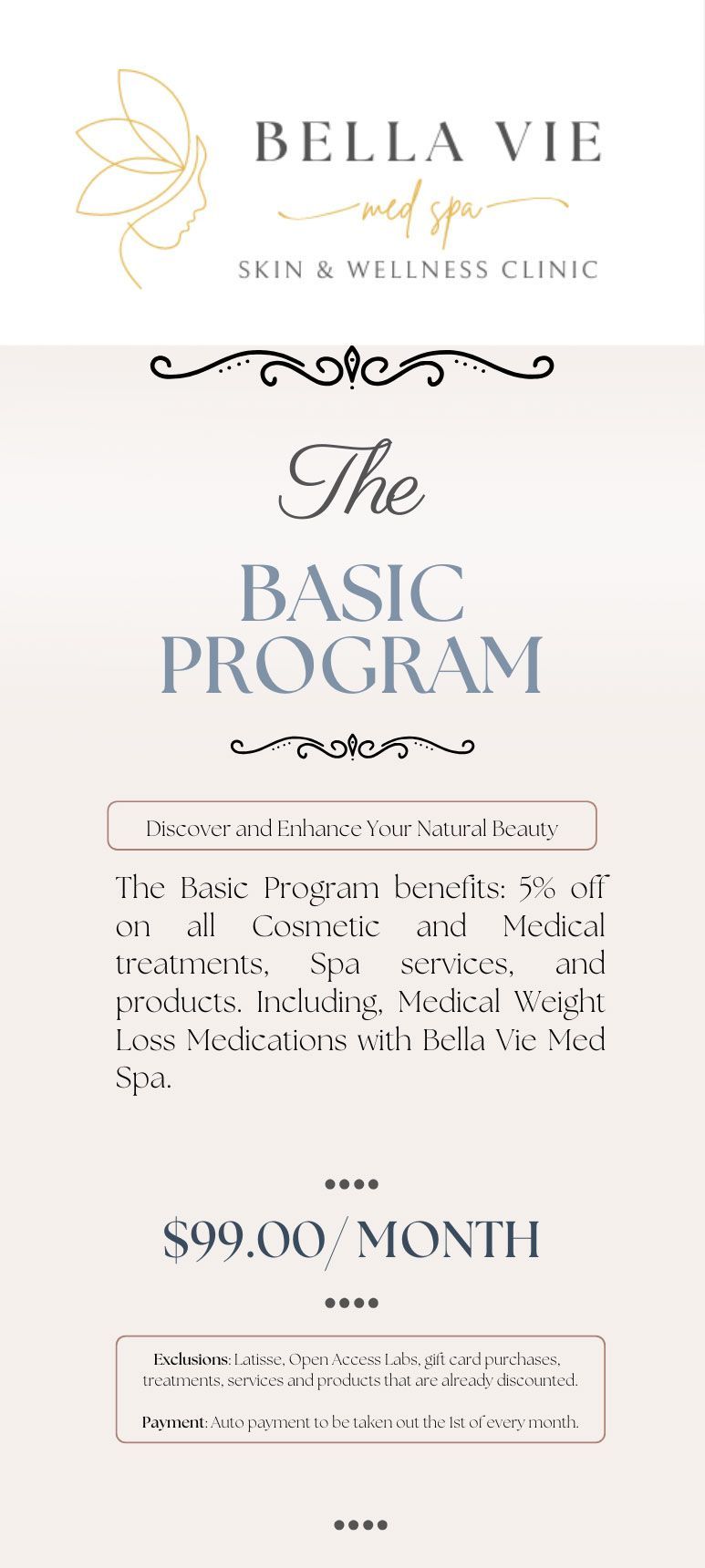 A poster for bella vie skin & wellness clinic advertising the elite program.