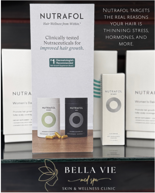 Product shot of Nutrafol hair growth supplements with a glass of water and capsules on a side table.