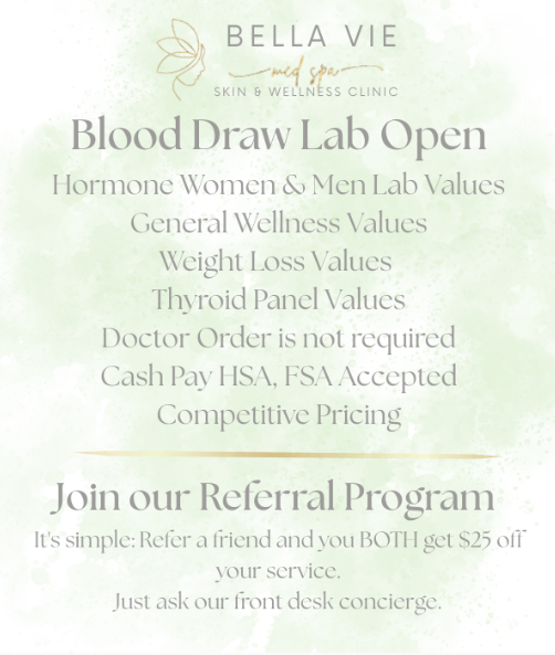 Advertisement for blood draw lab offering hormone, wellness, and weight loss tests; referral program.