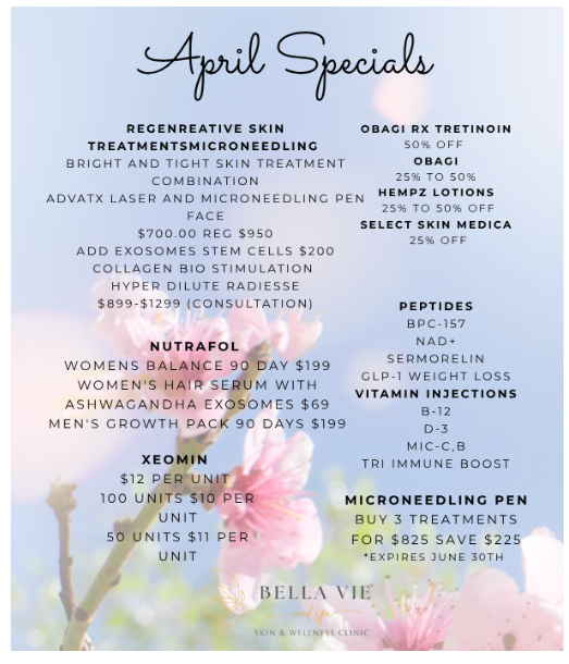 February Specials flyer: offers for skin treatments, Nutrafol, Xeomin, peptides, Obagi products, and vitamin injections.