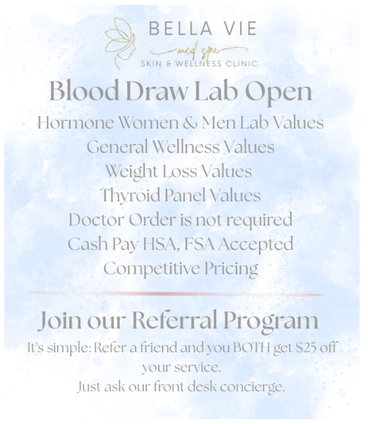 Advertisement for blood draw lab offering hormone, wellness, and weight loss tests; referral program.