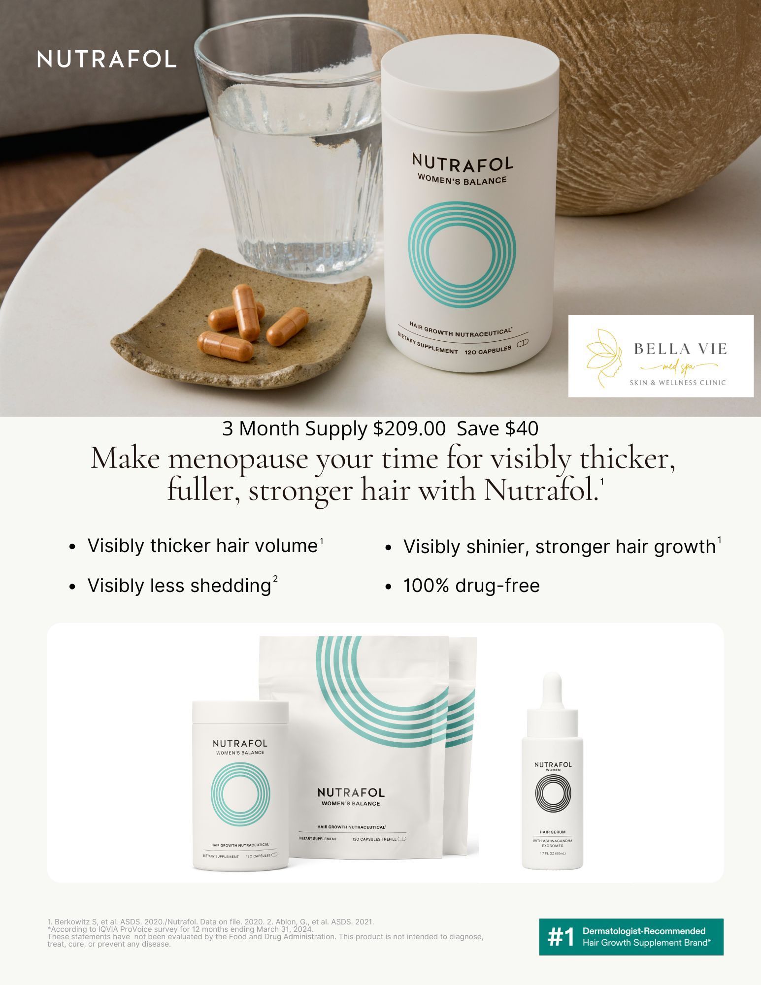 Product shot of Nutrafol hair growth supplements with a glass of water and capsules on a side table.