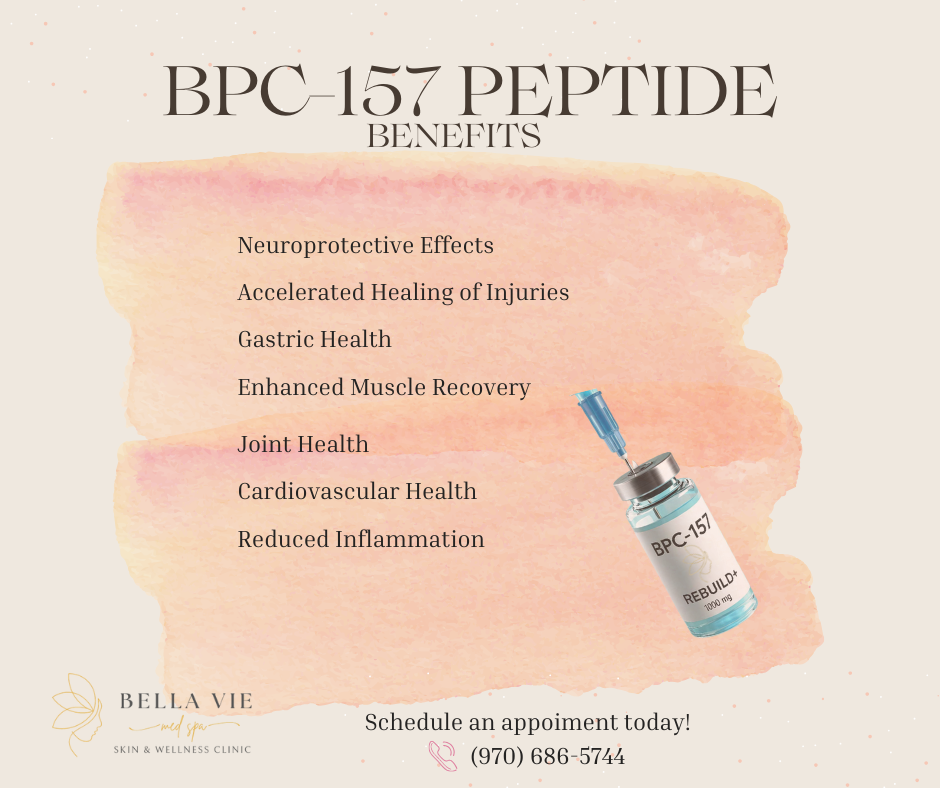Promotional graphic for BPC-157 peptide benefits. Includes text, a syringe, and an appointment phone number.