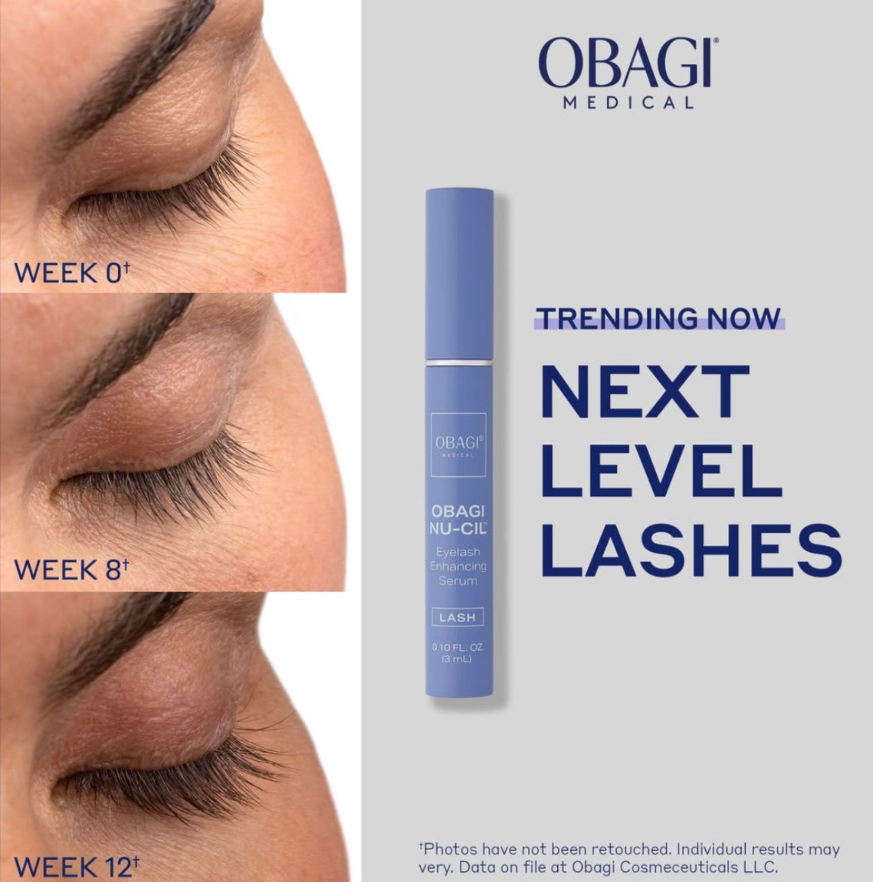 An advertisement for obagi medical next level lashes