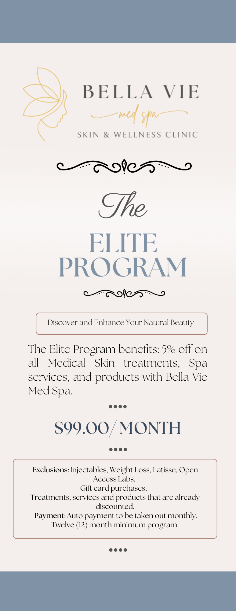 A poster for bella vie skin & wellness clinic advertising the elite program.
