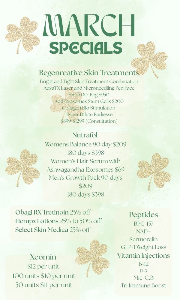 February Specials flyer: offers for skin treatments, Nutrafol, Xeomin, peptides, Obagi products, and vitamin injections.