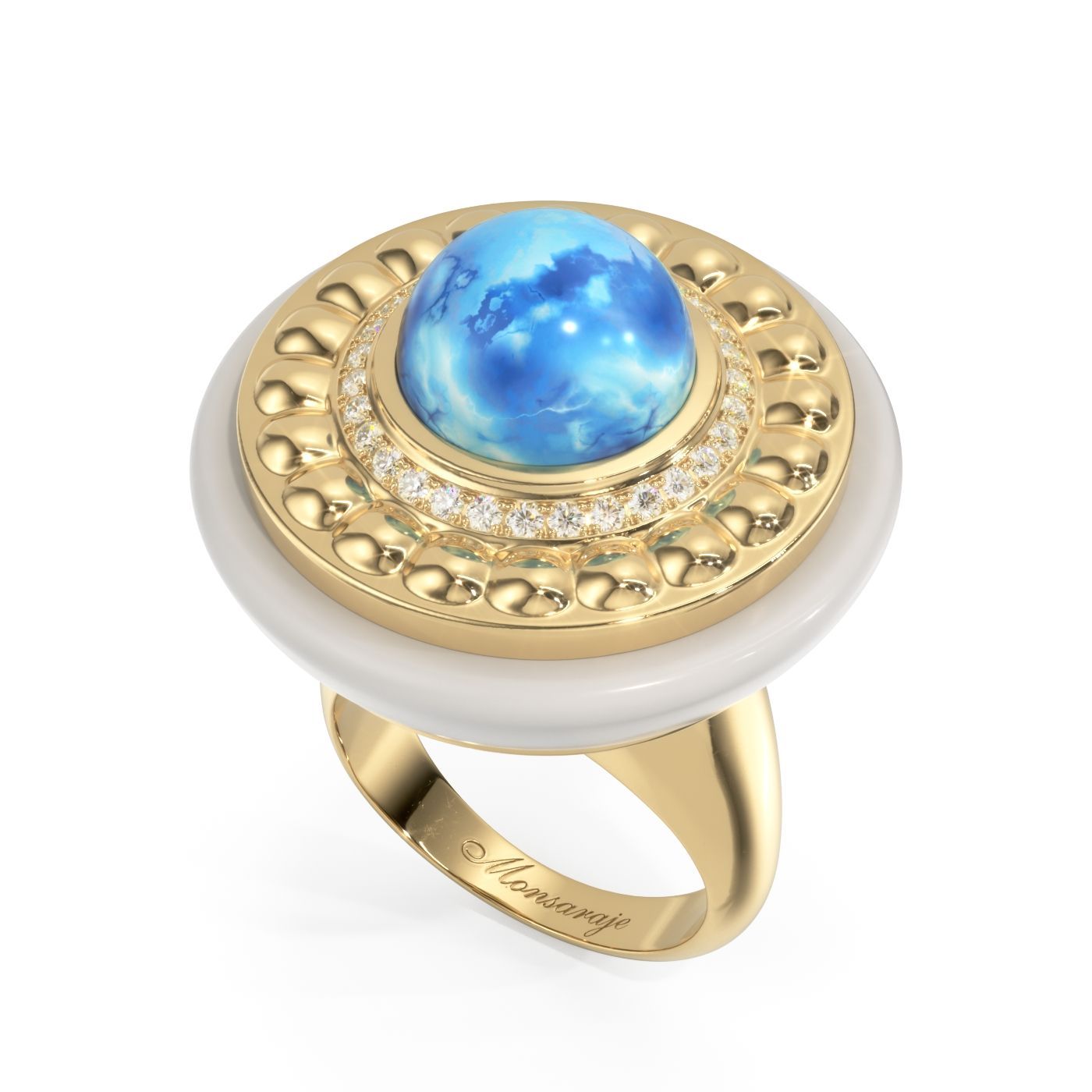 A gold ring with a blue stone in the center