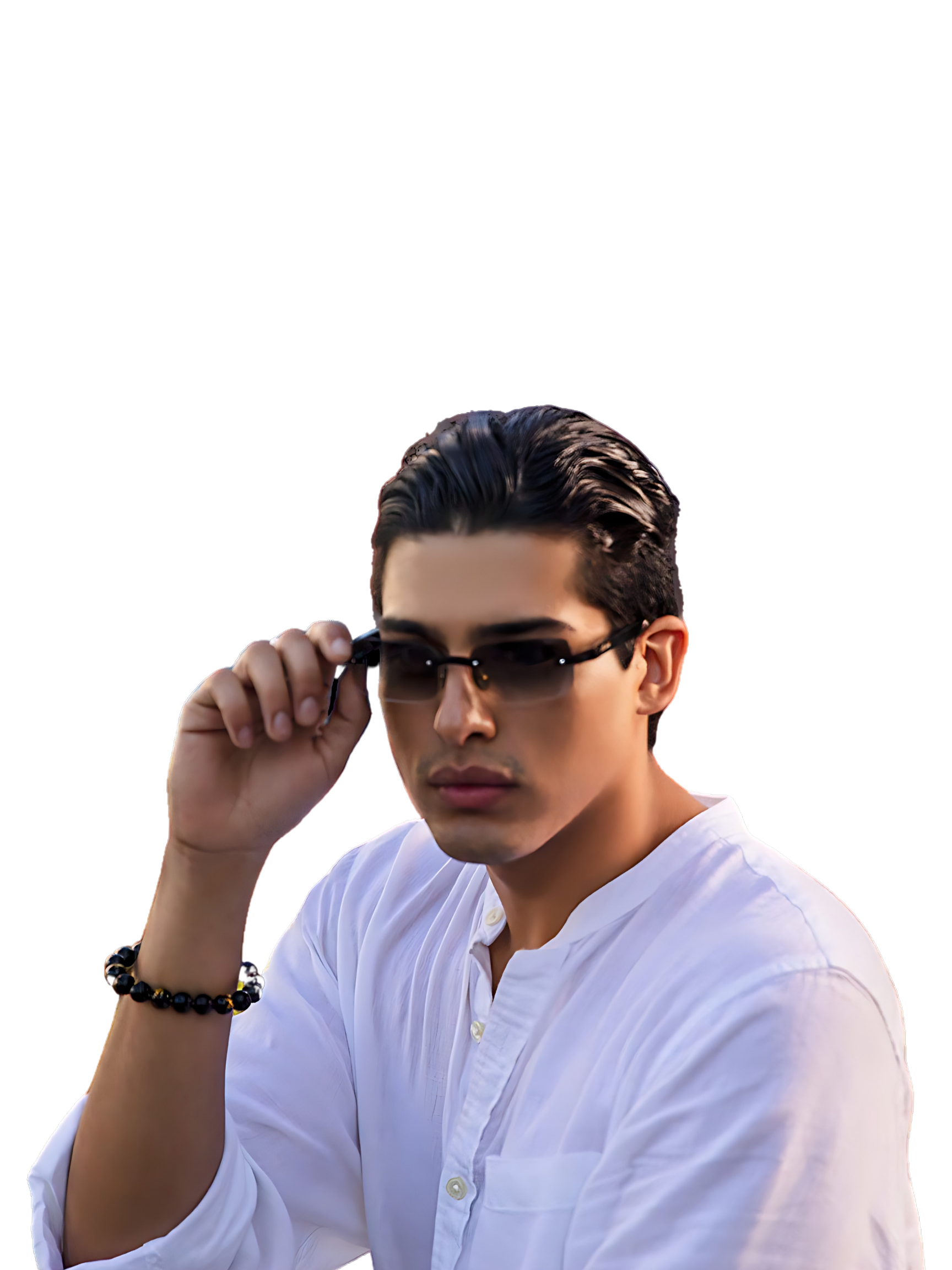 A young man wearing sunglasses and a white shirt