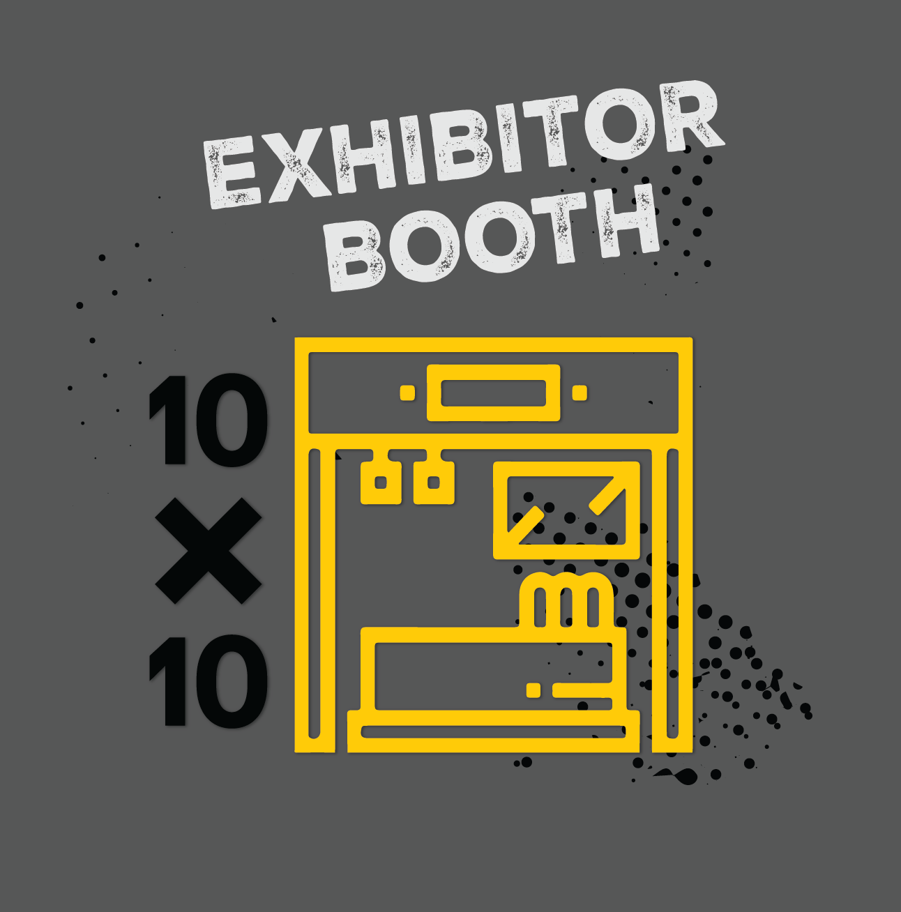 An exhibitor booth is shown on a gray background