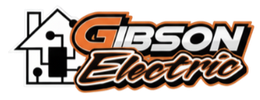 Logo for Gibson Electric. Features a house outline and company name in orange and white with black accents.