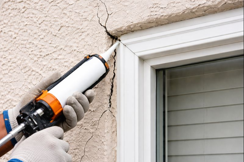 Contractor caulking stucco around a window to seal cracks and prevent moisture intrusion.