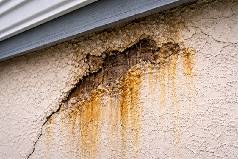 Stucco water damage with staining and exposed lath beneath roofline