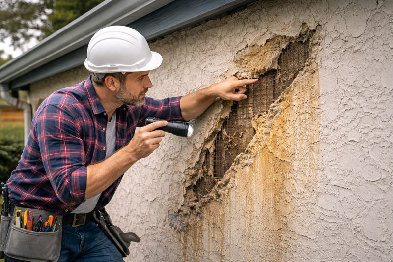 Contractor inspecting damaged stucco exterior and exposed lath on a residential home