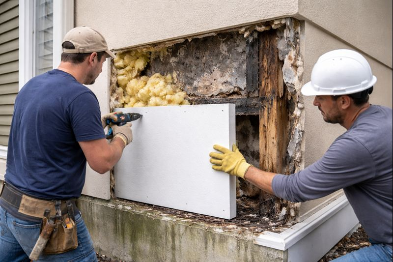 Contractors repairing a damaged EIFS exterior by installing new insulation and wall components.
