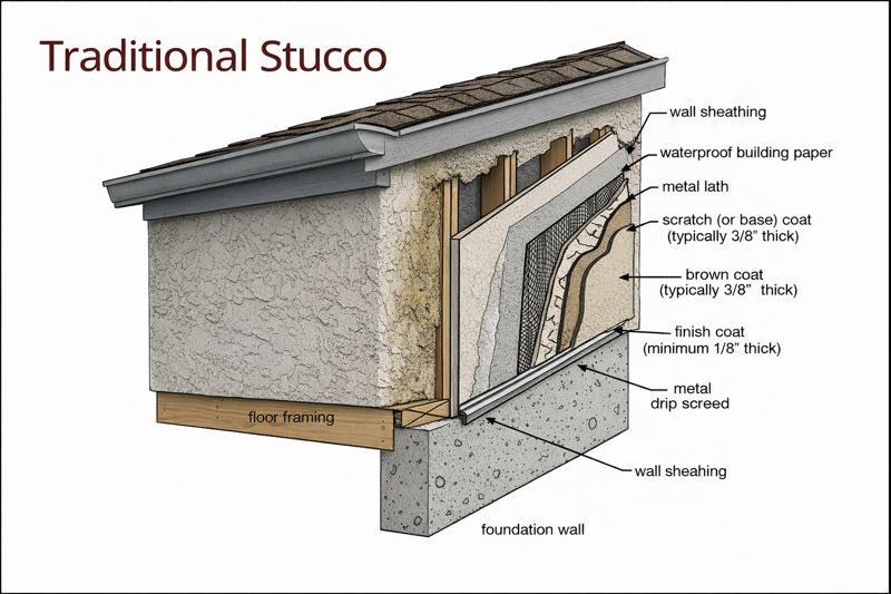 Traditional stucco wall system diagram showing layers from framing to finish coat