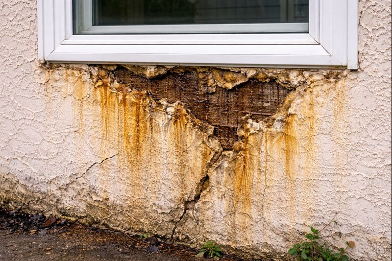 Stucco water damage beneath window with staining and exposed lath.