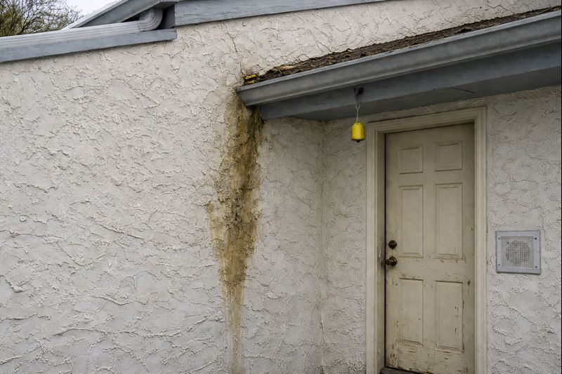 Aging stucco wall with water damage and staining near roofline 