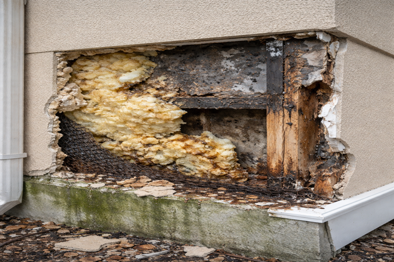 Severe EIFS stucco failure with moisture intrusion, rotted framing, and exposed insulation.