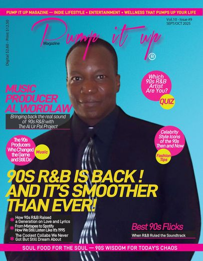 Magazine cover: Al Wordlaw, music producer. Headline: 90s R&B is back. Pink, blue, and black colors.