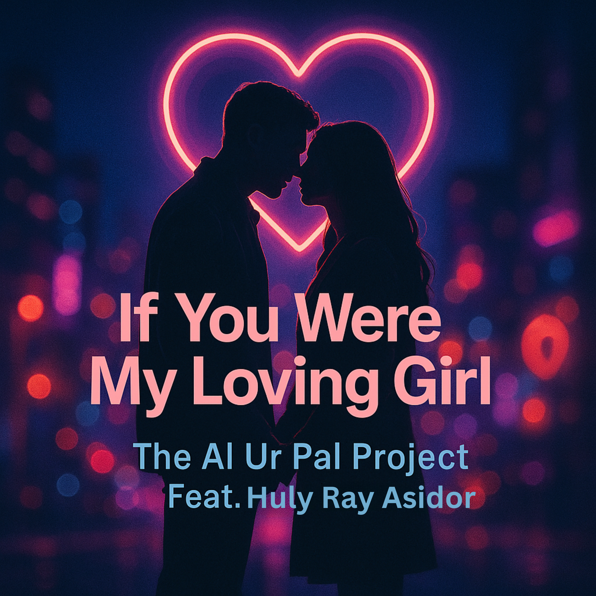 Silhouette of a couple with a neon heart, song title 