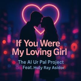 Silhouette of a couple with a neon heart, song title 