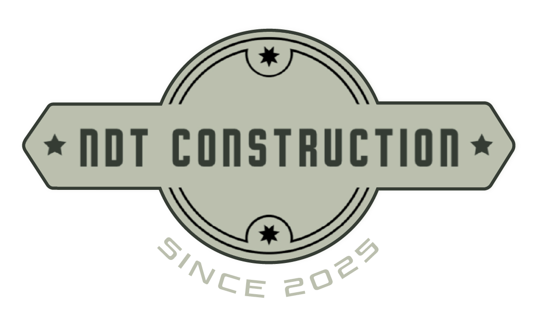 Logo for NDT Construction in gray and black. Contains text: NDT CONSTRUCTION, SINCE 2025.
