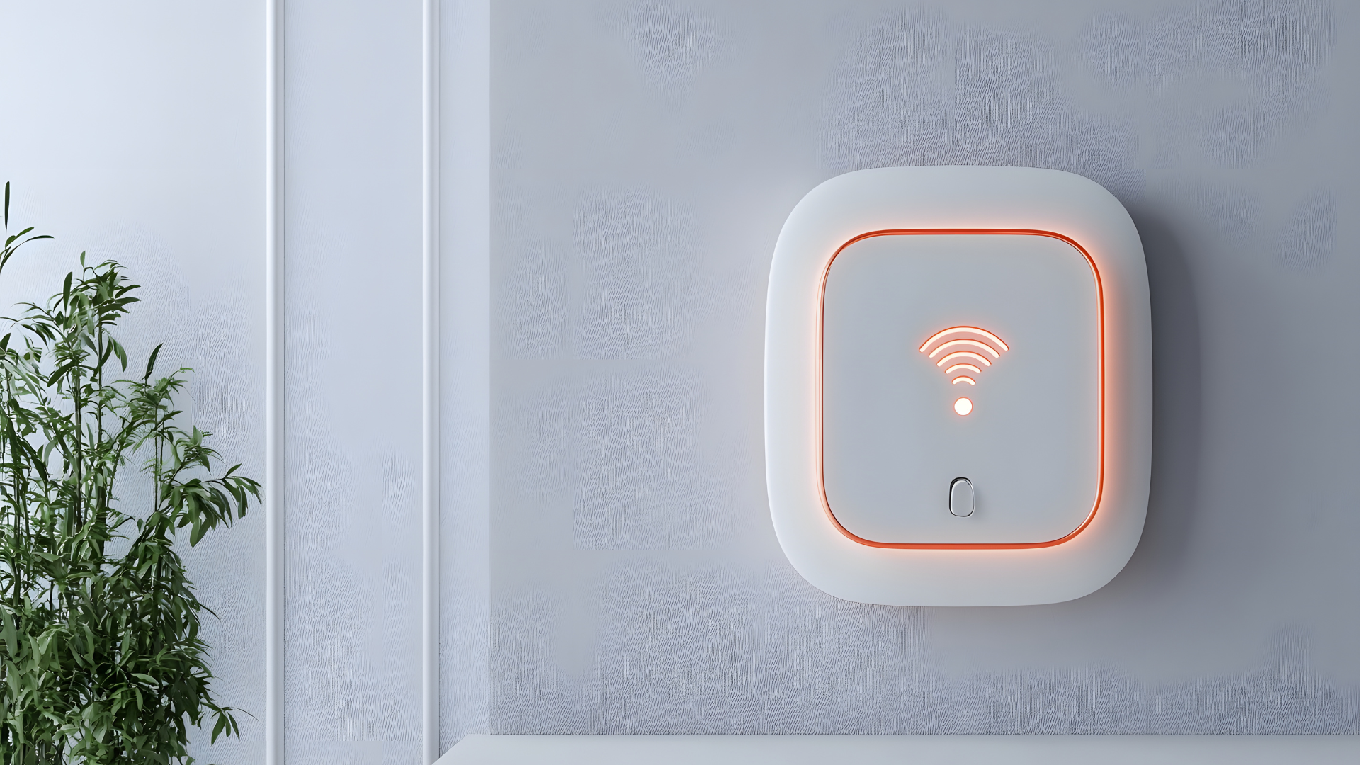 A wall-mounted white wireless router glows with an orange LED frame and Wi-Fi symbol against a textured gray wall.
