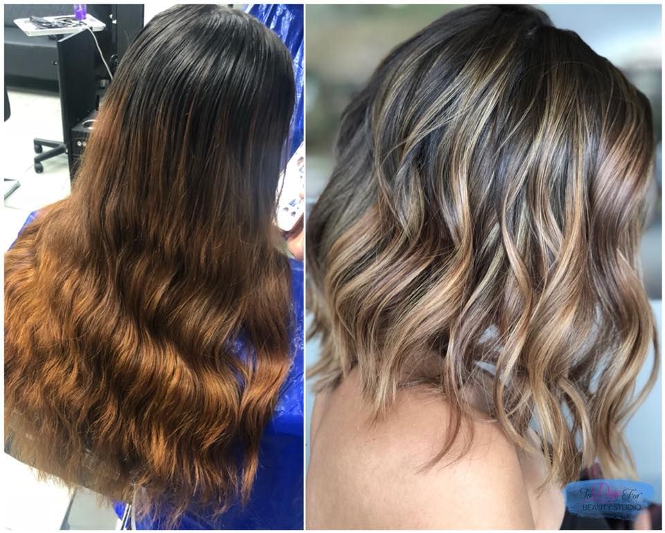 A before and after photo of a woman 's hair