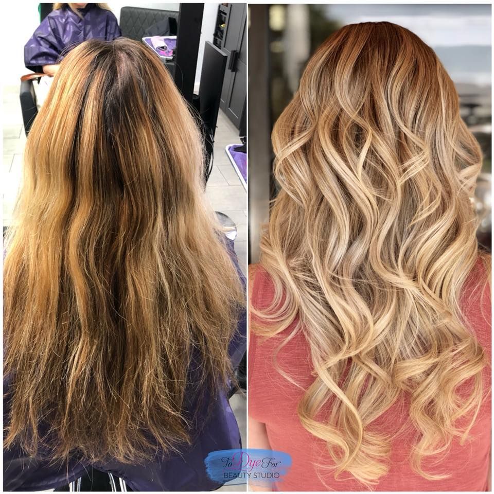 A before and after photo of a woman 's hair.