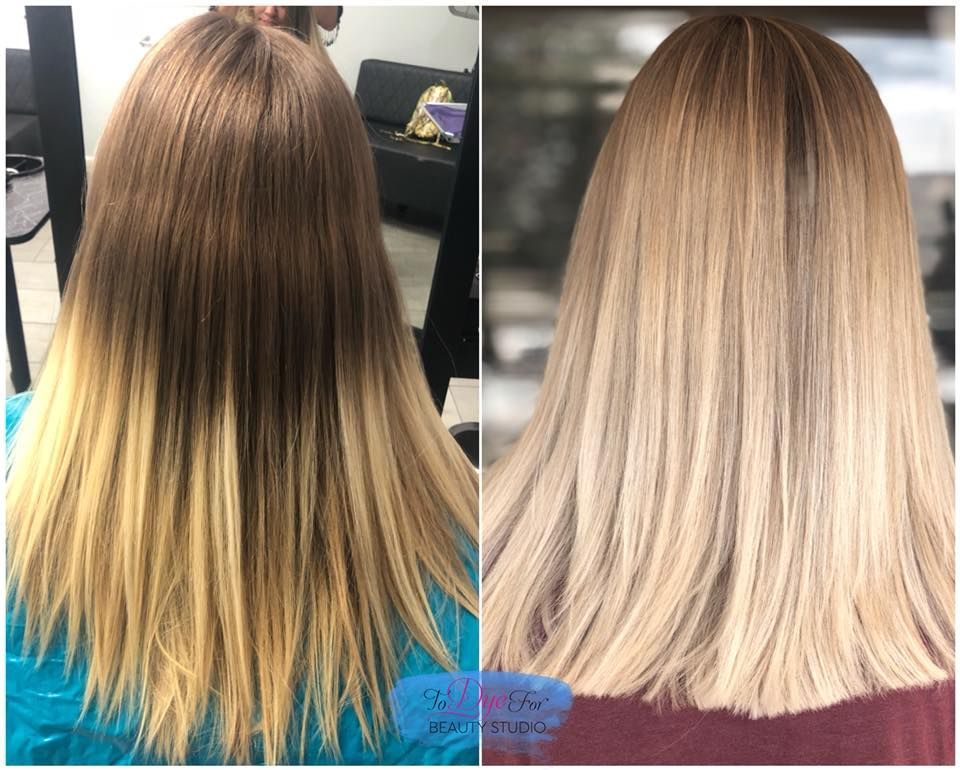 A before and after photo of a woman 's hair.