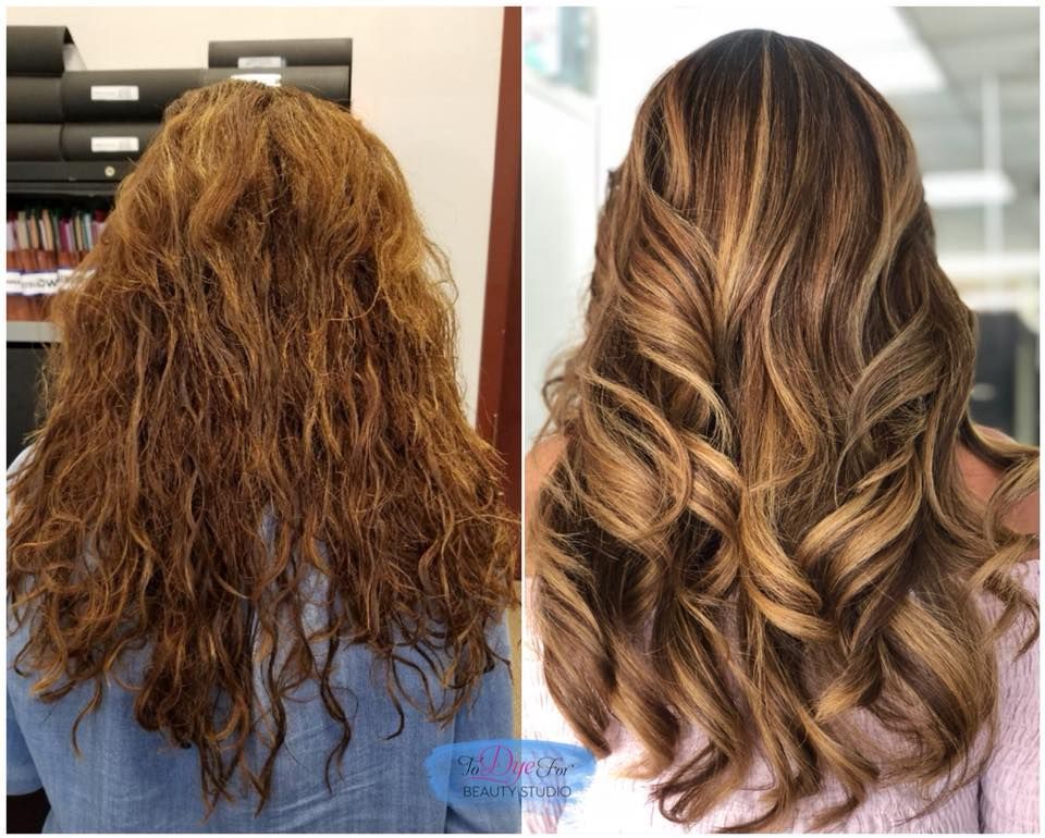 A before and after photo of a woman 's hair.
