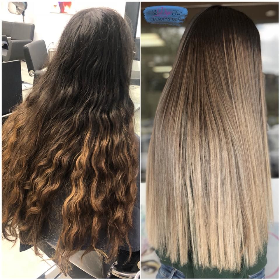 A before and after photo of a woman 's hair.