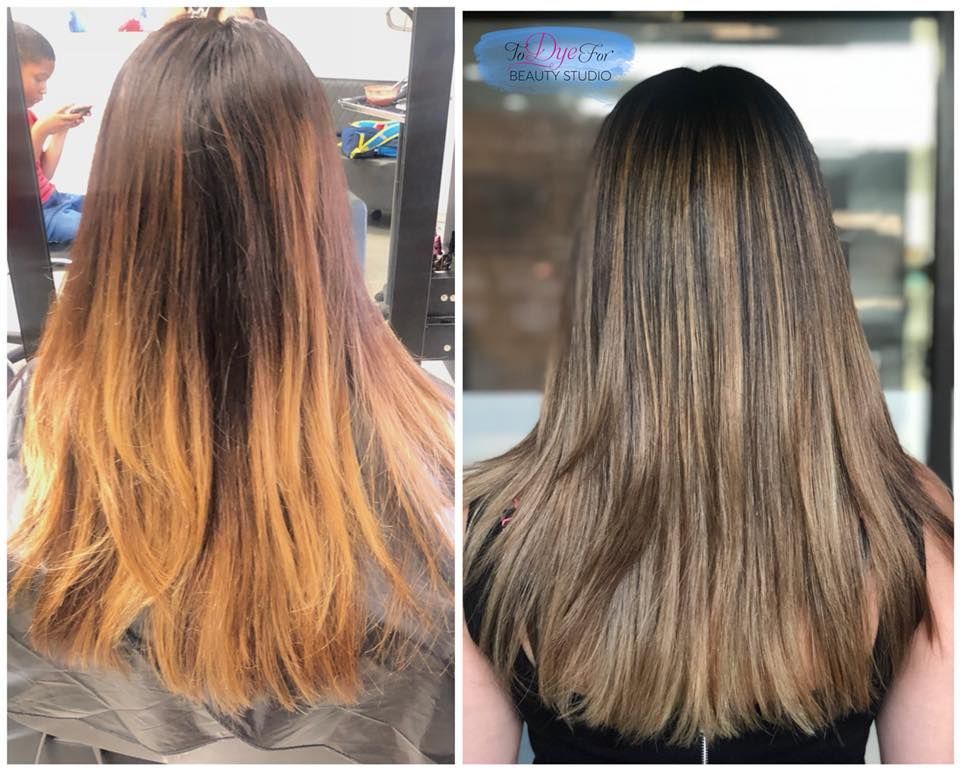 A before and after photo of a woman 's hair.