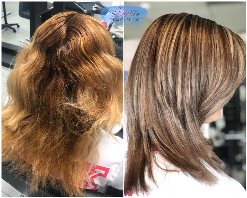 A before and after photo of a woman 's hair in a salon.