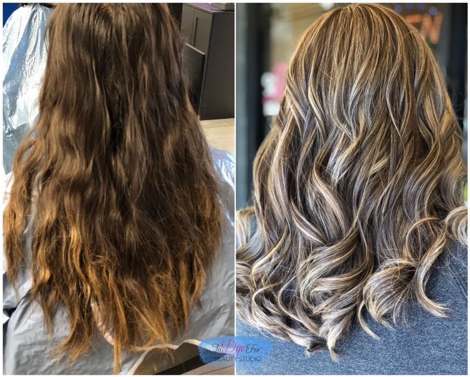 A before and after photo of a woman 's hair in a salon.