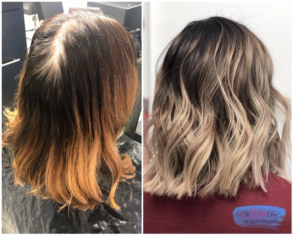 A before and after photo of a woman 's hair.