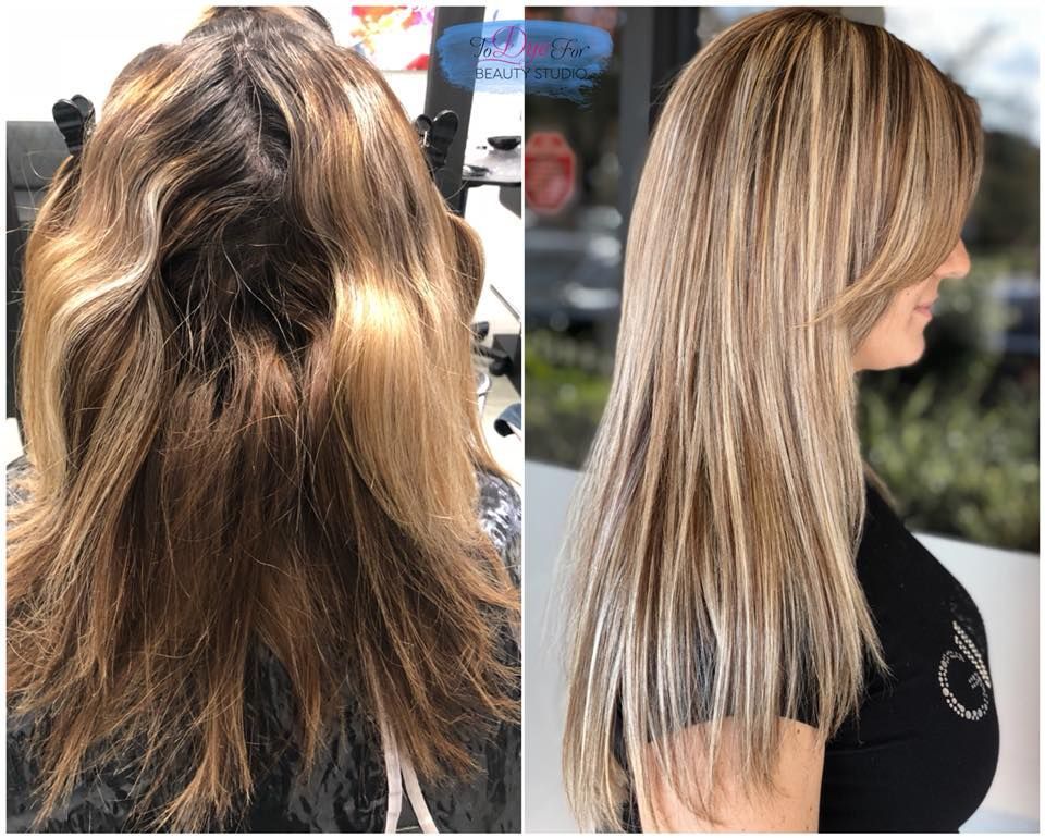 A before and after photo of a woman 's hair.